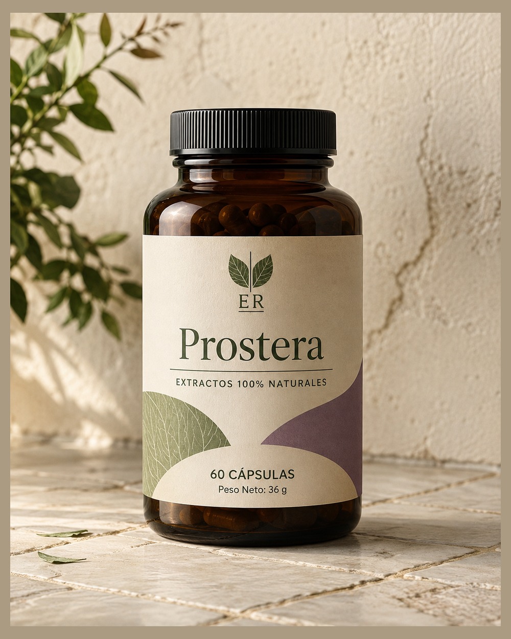 Prostera en una composición de estudio con tonos crema y verdes